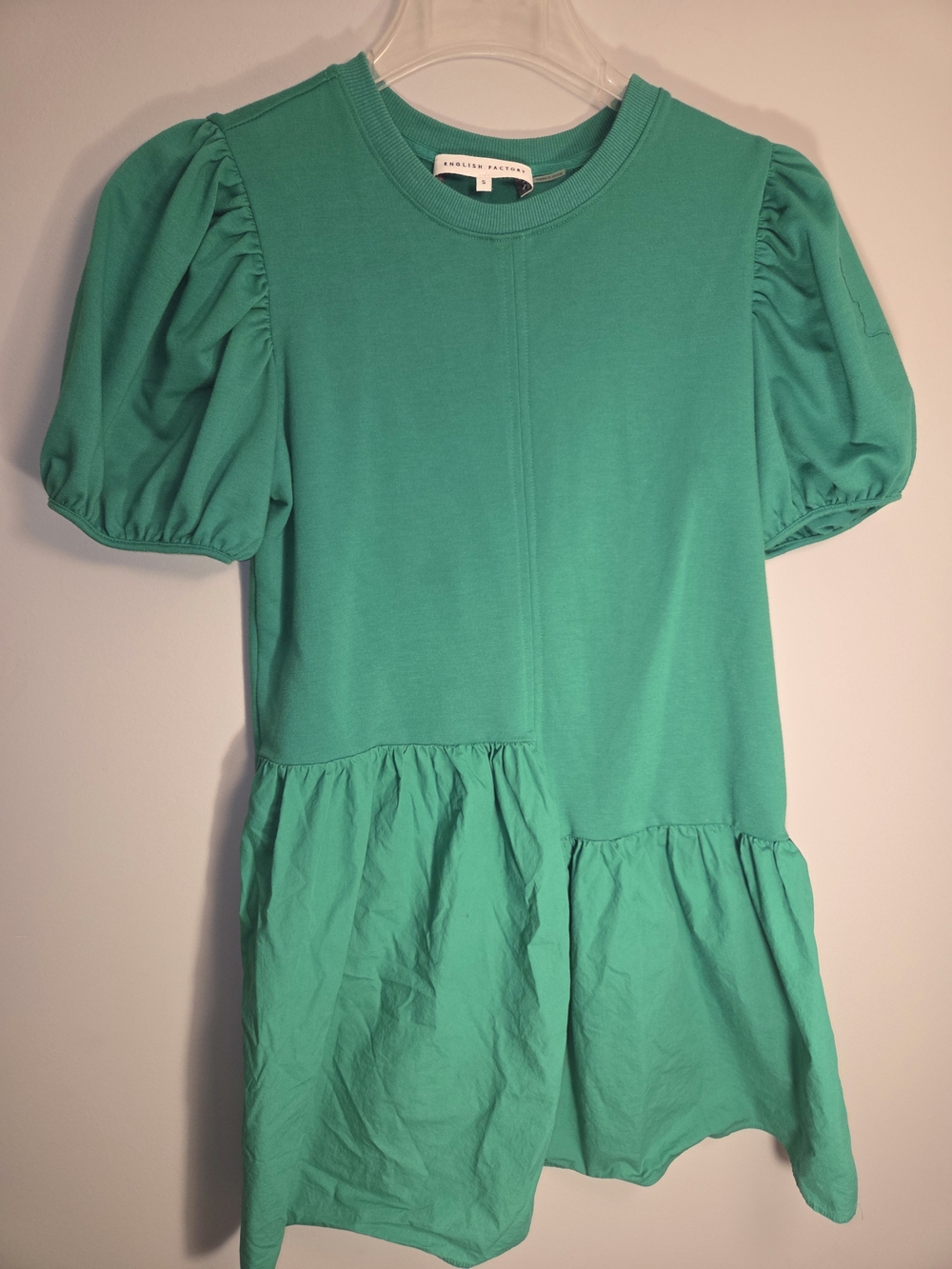 English Factory Green Mixed Media Puff Sleeve Drop Waist Mini Dress Flaw Size S